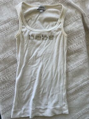 bebe White Ribbed Tank with Crystal Logo